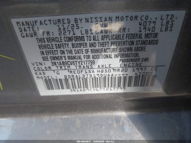 2026 Nissan Sentra Sv მანქანა იყიდება აუქციონზე, vin: 3N1AB9CV6TY217799, აუქციონის ნომერი: 46303617