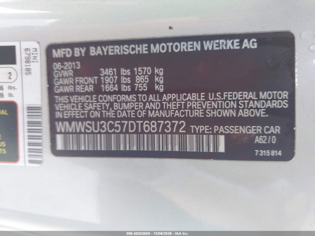 46303658 :رقم المزاد ، WMWSU3C57DT687372 vin ، 2013 Mini Hardtop Cooper مزاد بيع