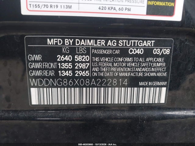 Aukcja sprzedaży 2008 Mercedes-benz S 550 4matic, vin: WDDNG86X08A222814, numer aukcji: 46303660