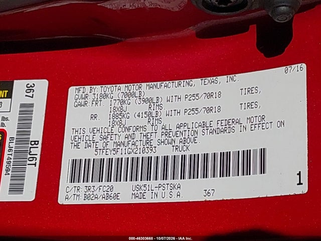 Aukcja sprzedaży 2016 Toyota Tundra Sr5 5.7l V8, vin: 5TFEY5F11GX210393, numer aukcji: 46303668