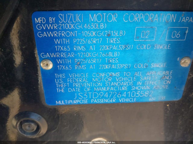 Продажа на аукционе авто 2006 Suzuki Grand Vitara Luxury, vin: JS3TD947264103582, номер лота: 46303691
