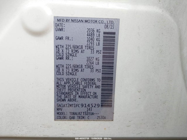 Aukcja sprzedaży 2015 Nissan Rogue Sl, vin: 5N1AT2MT1FC914529, numer aukcji: 46303708