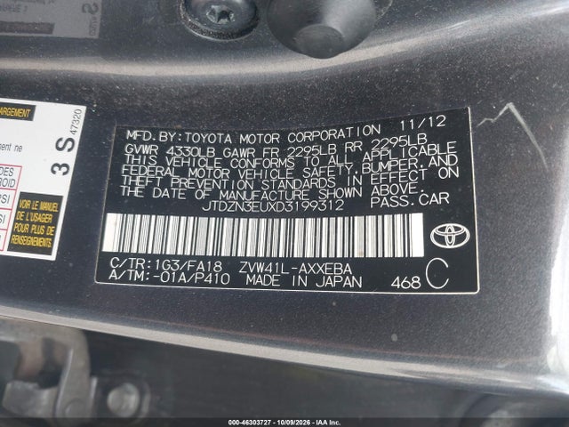 Aukcja sprzedaży 2013 Toyota Prius V Two, vin: JTDZN3EUXD3199312, numer aukcji: 46303727