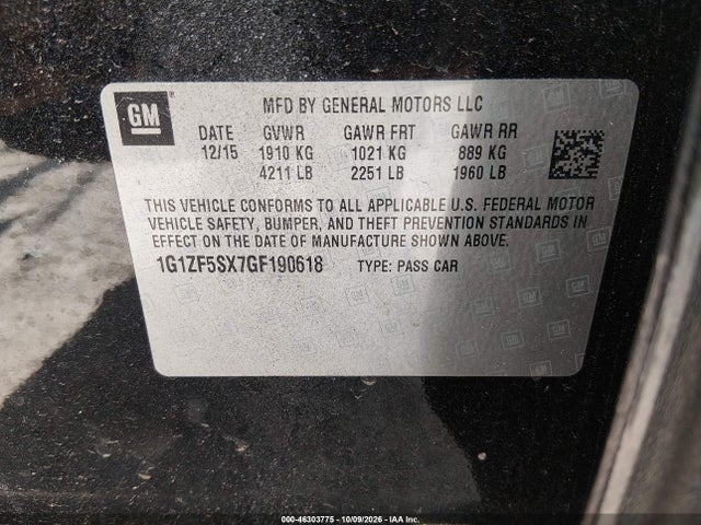 46303775 :رقم المزاد ، 1G1ZF5SX7GF190618 vin ، 2016 Chevrolet Malibu 2lt مزاد بيع