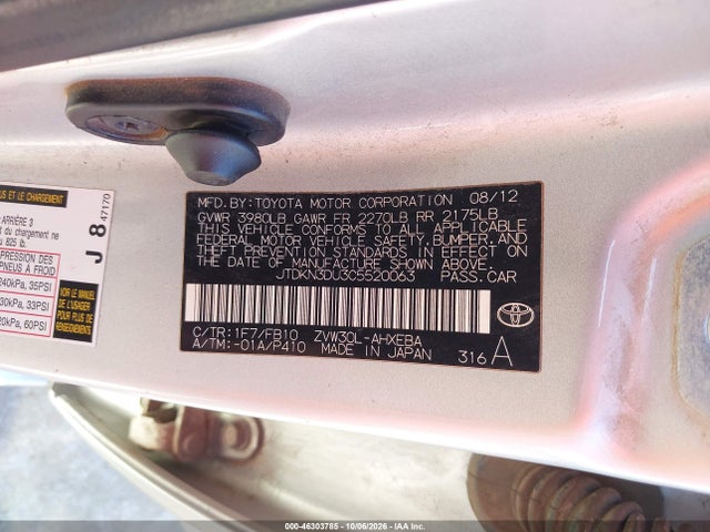 46303785 :رقم المزاد ، JTDKN3DU3C5520063 vin ، 2012 Toyota Prius Three مزاد بيع