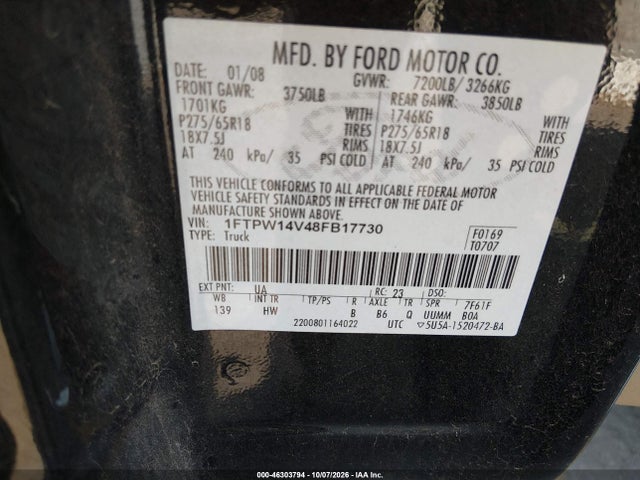 2008 Ford F-150 60th Anniversary/fx4/king Ranch/lariat/xlt მანქანა იყიდება აუქციონზე, vin: 1FTPW14V48FB17730, აუქციონის ნომერი: 46303794