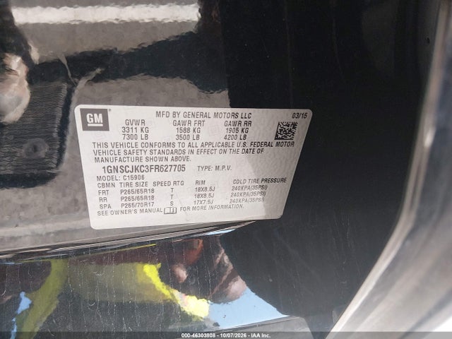 Aukcja sprzedaży 2015 Chevrolet Suburban 1500 Lt, vin: 1GNSCJKC3FR627705, numer aukcji: 46303808