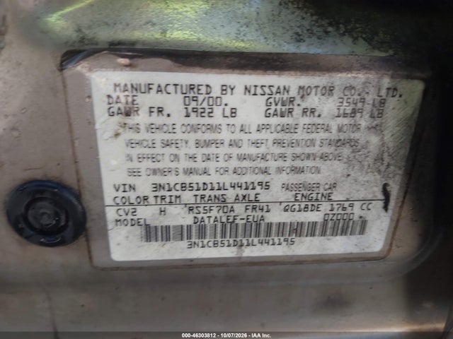 Aukcja sprzedaży 2001 Nissan Sentra Gxe, vin: 3N1CB51D11L441195, numer aukcji: 46303812