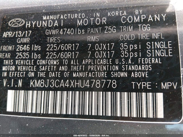 46303832 :رقم المزاد ، KM8J3CA4XHU478778 vin ، 2017 Hyundai Tucson Se مزاد بيع