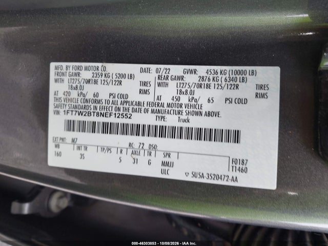 46303853 :رقم المزاد ، 1FT7W2BT8NEF12552 vin ، 2022 Ford F-250 Xlt مزاد بيع