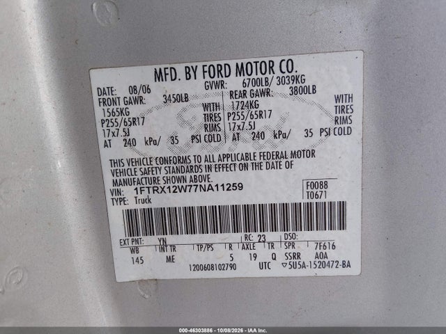 Продажа на аукционе авто 2007 Ford F-150 Stx/xl/xlt, vin: 1FTRX12W77NA11259, номер лота: 46303886