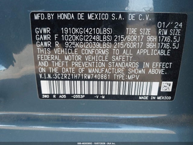 Aukcja sprzedaży 2024 Honda Hr-v 2wd Ex-l/2wd Ex-l W/o Bsi, vin: 3CZRZ1H71RM740861, numer aukcji: 46303892