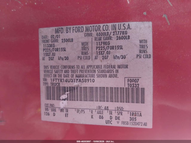 Продажа на аукционе авто 2001 Ford Ranger Edge/xl/xlt, vin: 1FTYR14U31TA58910, номер лота: 46303897