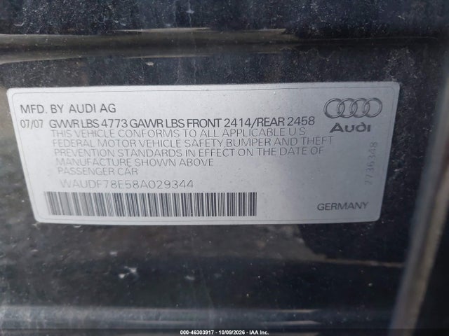 46303917 :رقم المزاد ، WAUDF78E58A029344 vin ، 2008 Audi A4 2.0t مزاد بيع