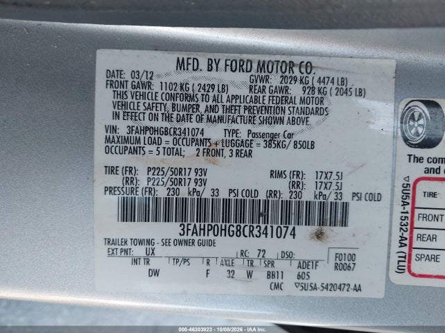 2012 Ford Fusion Se მანქანა იყიდება აუქციონზე, vin: 3FAHP0HG8CR341074, აუქციონის ნომერი: 46303923