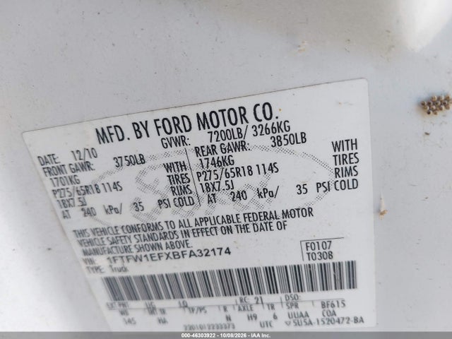 46303922 :رقم المزاد ، 1FTFW1EFXBFA32174 vin ، 2011 Ford F-150 Lariat مزاد بيع