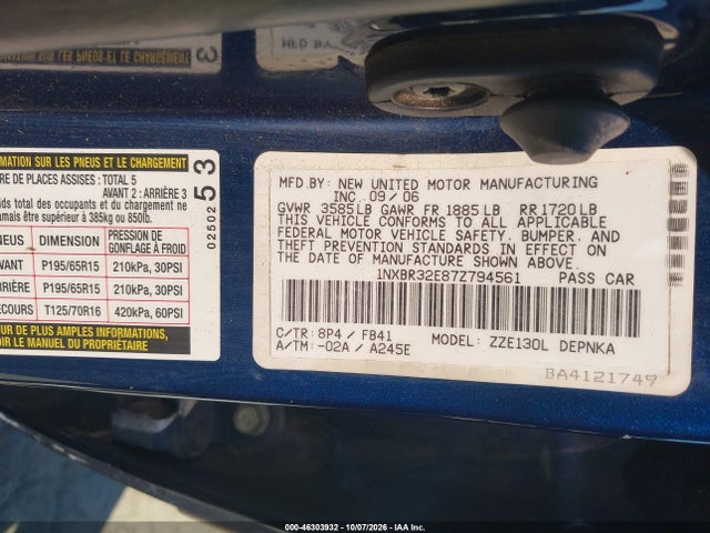 Aukcja sprzedaży 2007 Toyota Corolla Le, vin: 1NXBR32E87Z794561, numer aukcji: 46303932