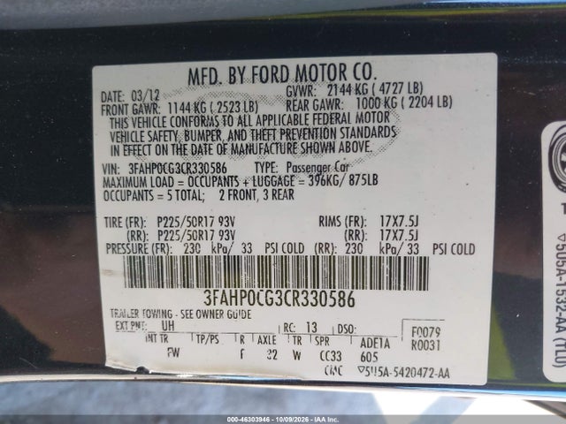46303946 :رقم المزاد ، 3FAHP0CG3CR330586 vin ، 2012 Ford Fusion Sel مزاد بيع