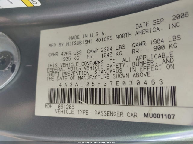 46303959 :رقم المزاد ، 4A3AL25F37E030463 vin ، 2007 Mitsubishi Eclipse Spyder Gs مزاد بيع