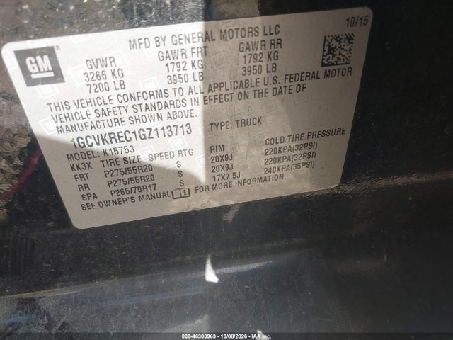 46303963 :رقم المزاد ، 1GCVKREC1GZ113713 vin ، 2016 Chevrolet Silverado 1500 Lt مزاد بيع