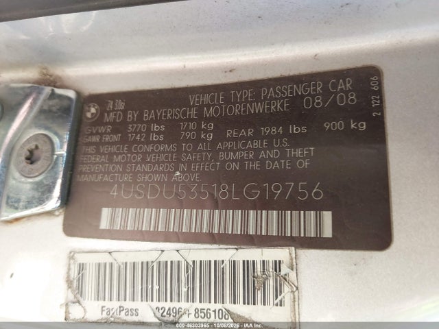 Aukcja sprzedaży 2008 Bmw Z4 3.0si, vin: 4USDU53518LG19756, numer aukcji: 46303965
