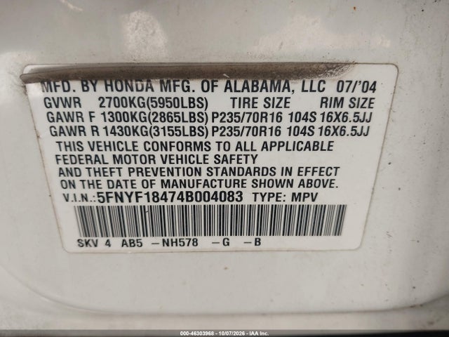 2004 Honda Pilot Ex მანქანა იყიდება აუქციონზე, vin: 5FNYF18474B004083, აუქციონის ნომერი: 46303968