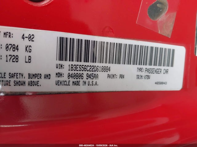 Продажа на аукционе авто 2002 Dodge Neon Sxt, vin: 1B3ES56C22D618884, номер лота: 46304024