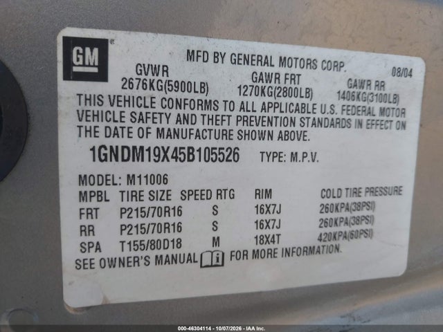 Aukcja sprzedaży 2005 Chevrolet Astro, vin: 1GNDM19X45B105526, numer aukcji: 46304114