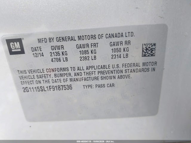 46304118 :رقم المزاد ، 2G1115SL1F9187536 vin ، 2015 Chevrolet Impala 1lt مزاد بيع