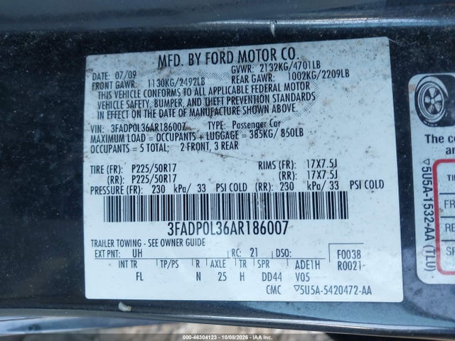 2010 Ford Fusion Hybrid მანქანა იყიდება აუქციონზე, vin: 3FADP0L36AR186007, აუქციონის ნომერი: 46304123