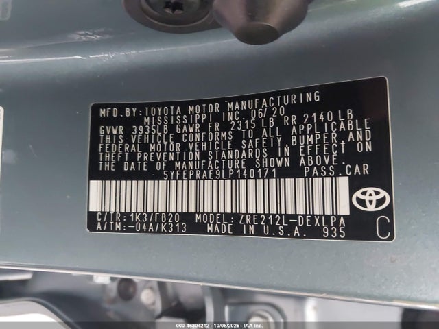 2020 Toyota Corolla Le მანქანა იყიდება აუქციონზე, vin: 5YFEPRAE9LP140171, აუქციონის ნომერი: 46304212
