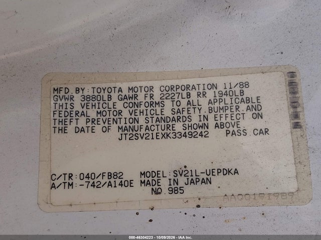 Продажа на аукционе авто 1989 Toyota Camry Dlx, vin: JT2SV21EXK3349242, номер лота: 46304223