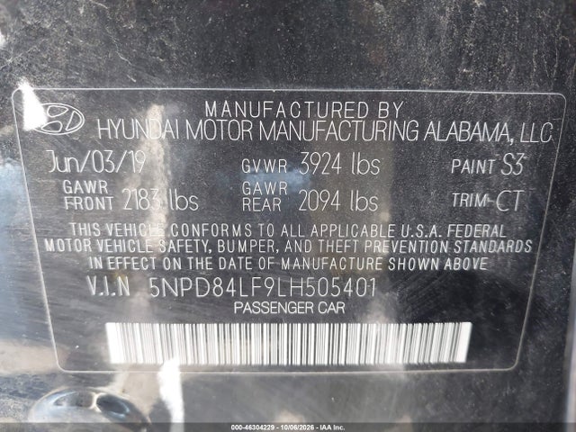 Продаж на аукціоні авто 2020 Hyundai Elantra Sel, vin: 5NPD84LF9LH505401, номер лоту: 46304229