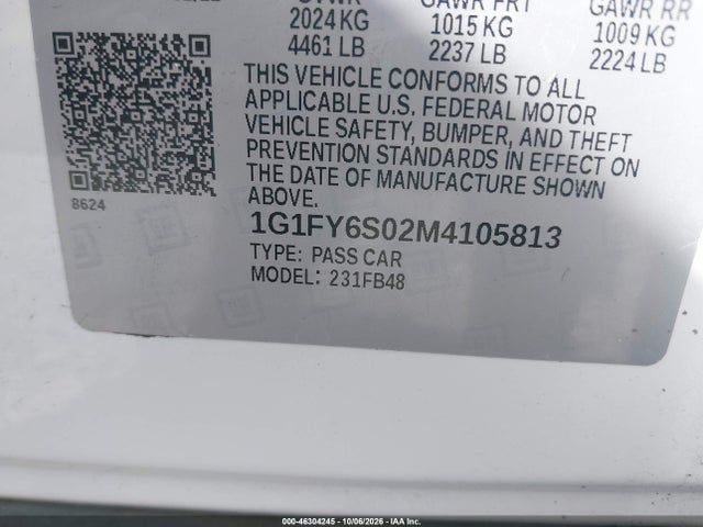 46304245 :رقم المزاد ، 1G1FY6S02M4105813 vin ، 2021 Chevrolet Bolt Ev Fwd Lt مزاد بيع