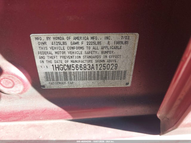 2003 Honda Accord 2.4 Ex მანქანა იყიდება აუქციონზე, vin: 1HGCM56683A125029, აუქციონის ნომერი: 46304256