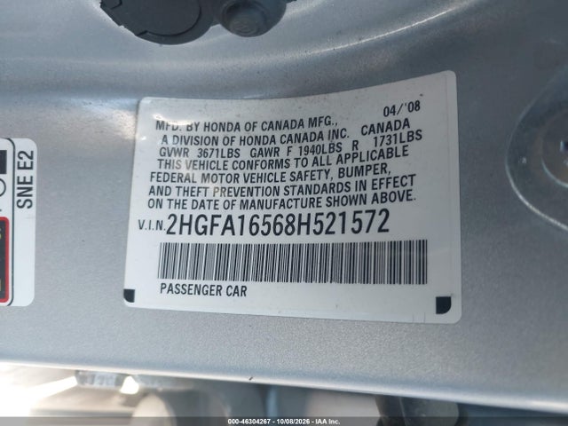 Продаж на аукціоні авто 2008 Honda Civic Lx, vin: 2HGFA16568H521572, номер лоту: 46304267