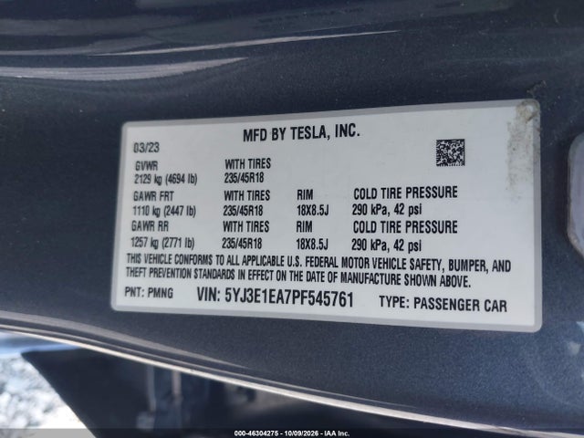 46304275 :رقم المزاد ، 5YJ3E1EA7PF545761 vin ، 2023 Tesla Model 3 Rear-wheel Drive مزاد بيع