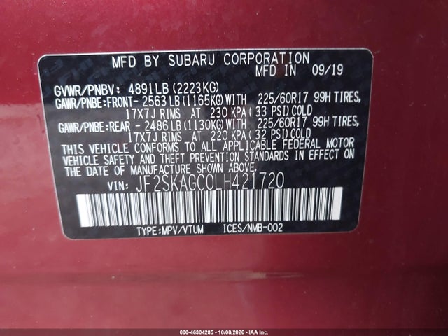 Продаж на аукціоні авто 2020 Subaru Forester Premium, vin: JF2SKAGC0LH421720, номер лоту: 46304285