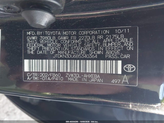 46304290 :رقم المزاد ، JTDKN3DU6B5340364 vin ، 2011 Toyota Prius Three مزاد بيع