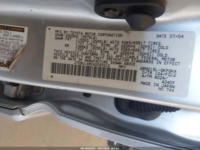 Aukcja sprzedaży 2004 Toyota 4runner Sr5 V6, vin: JTEBU14R040053312, numer aukcji: 46304333