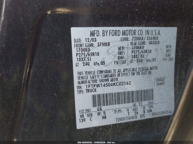 2004 Ford F-150 Fx4/lariat/xlt მანქანა იყიდება აუქციონზე, vin: 1FTPW14504KC02162, აუქციონის ნომერი: 46304342