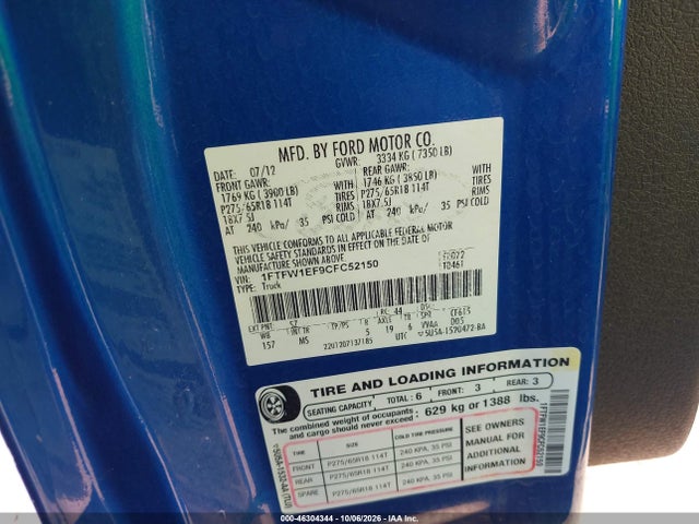 46304344 :رقم المزاد ، 1FTFW1EF9CFC52150 vin ، 2012 Ford F-150 Xlt مزاد بيع