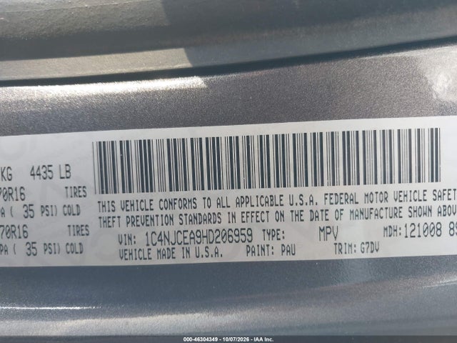 46304349 :رقم المزاد ، 1C4NJCEA9HD206959 vin ، 2017 Jeep Compass Latitude Fwd مزاد بيع