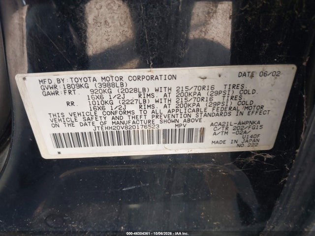 Aukcja sprzedaży 2002 Toyota Rav4, vin: JTEHH20V820176523, numer aukcji: 46304361