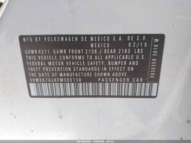 2015 Volkswagen Jetta 2.0l S მანქანა იყიდება აუქციონზე, vin: 3VW2K7AJXFM305138, აუქციონის ნომერი: 46304364