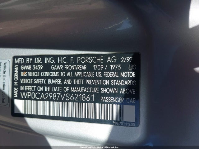 1997 Porsche Boxster მანქანა იყიდება აუქციონზე, vin: WP0CA2987VS621861, აუქციონის ნომერი: 46304392