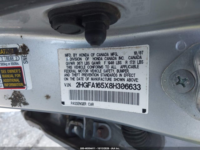 Продаж на аукціоні авто 2008 Honda Civic Lx, vin: 2HGFA165X8H306633, номер лоту: 46304411