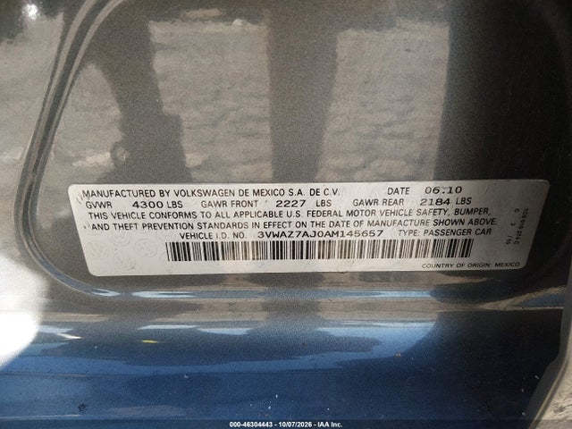 Продажа на аукционе авто 2010 Volkswagen Jetta Limited Edition, vin: 3VWAZ7AJ0AM145657, номер лота: 46304443