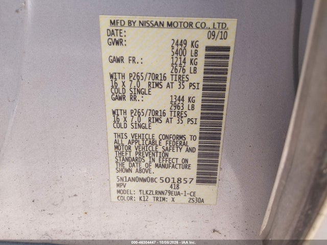 46304447 :رقم المزاد ، 5N1AN0NW0BC501857 vin ، 2011 Nissan Xterra S مزاد بيع