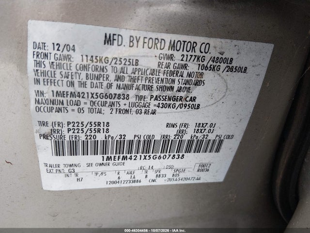 Aukcja sprzedaży 2005 Mercury Montego Premier, vin: 1MEFM421X5G607838, numer aukcji: 46304456